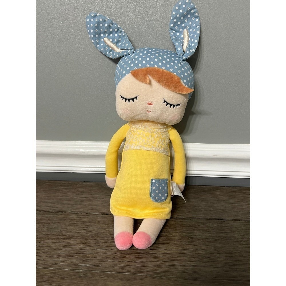 Metoo Angela Sweet Dreams Plush Doll Bunny Ears Yellow Dress Blue Bonnet 13"